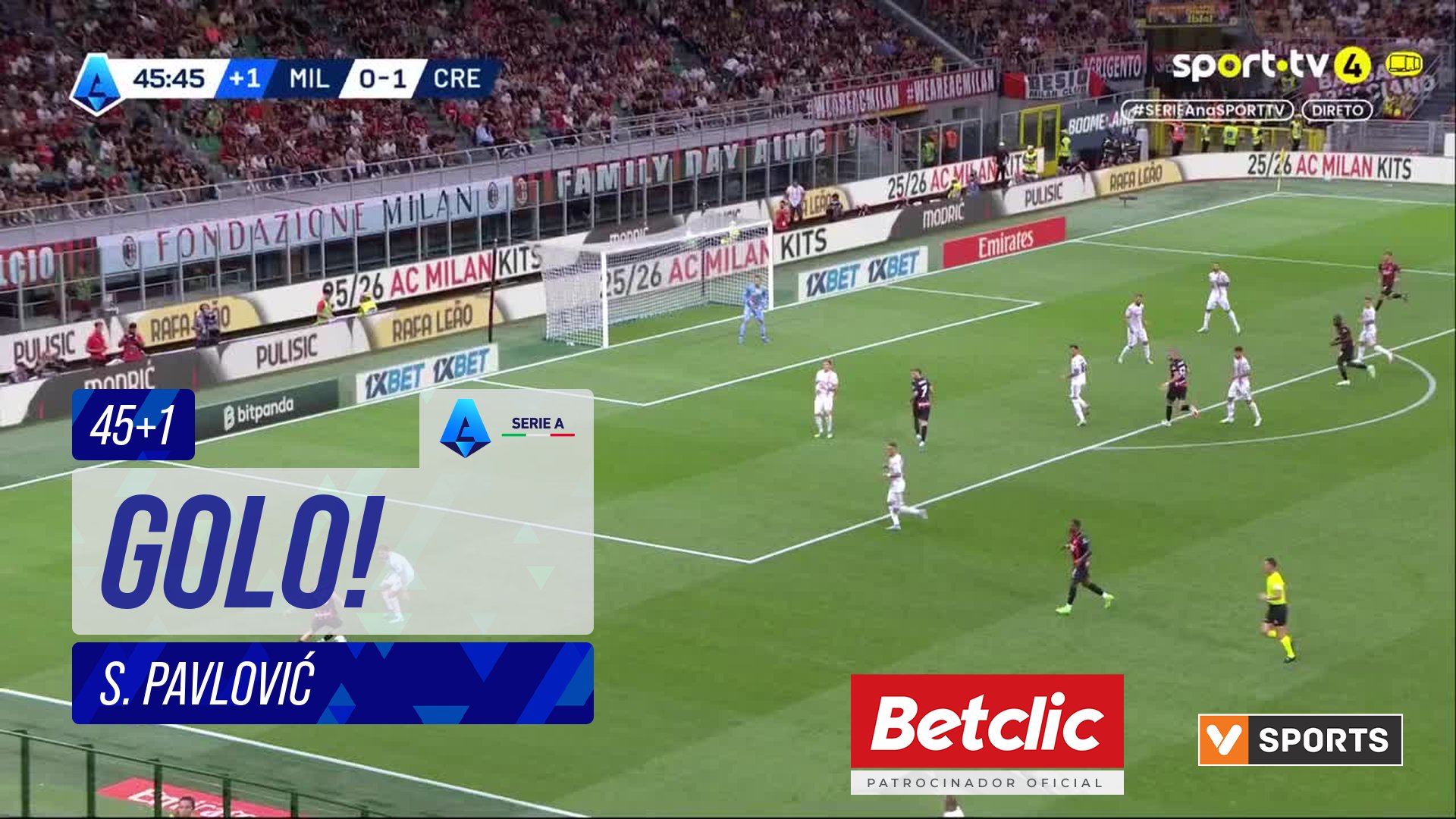 GOLO! Milan, S. Pavlović aos 45'+1', Milan 1-1 Cremonese