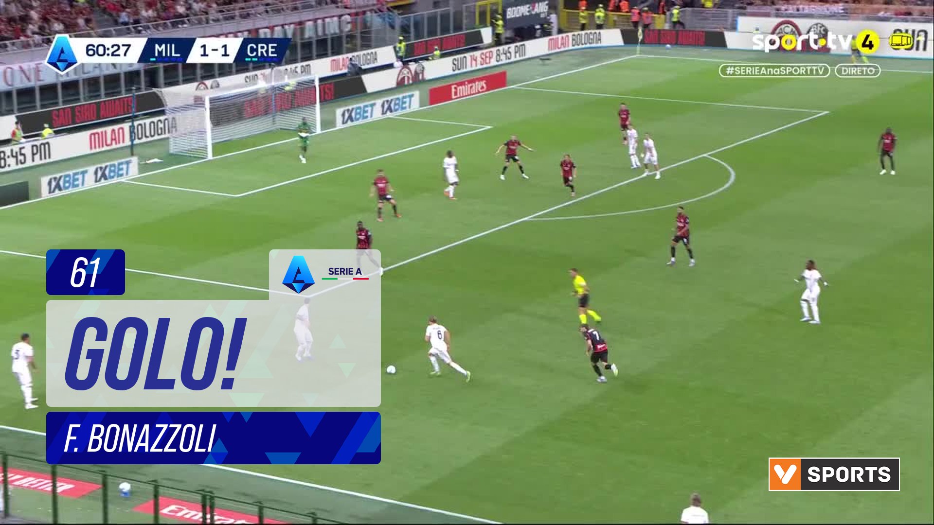 GOLO! Cremonese, F. Bonazzoli aos 61', Milan 1-2 Cremonese