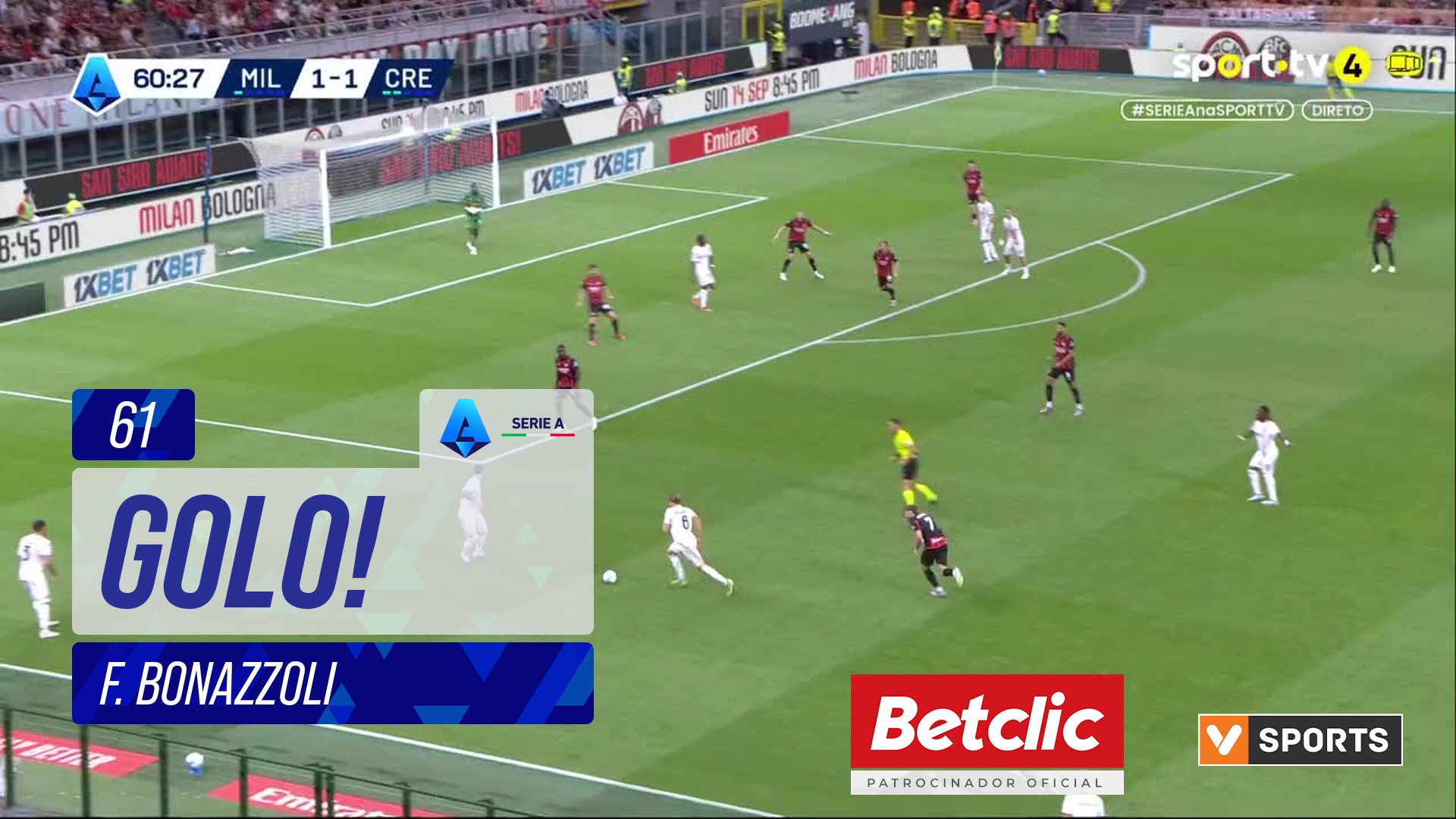 GOLO! Cremonese, F. Bonazzoli aos 61', Milan 1-2 Cremonese