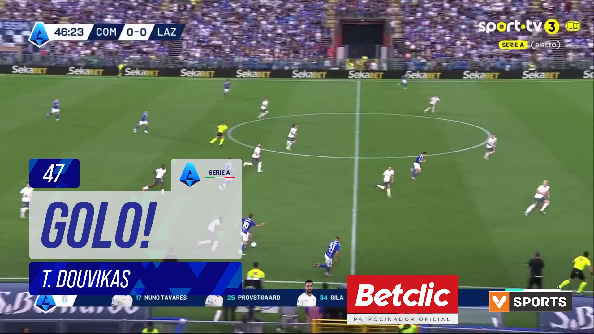 GOLO! Como, T. Douvikas aos 47', Como 1-0 Lazio