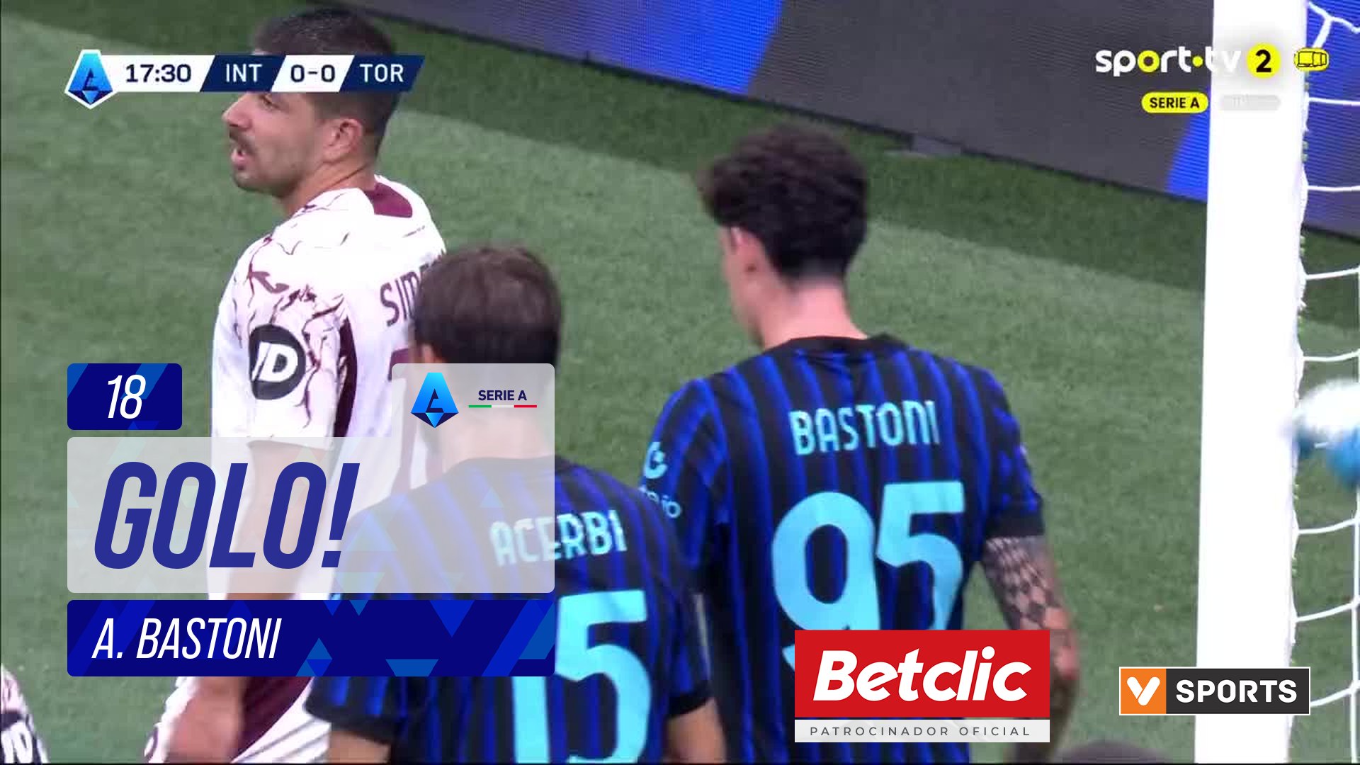 GOLO! Internazionale, A. Bastoni aos 18', Internazionale 1-0 Torino