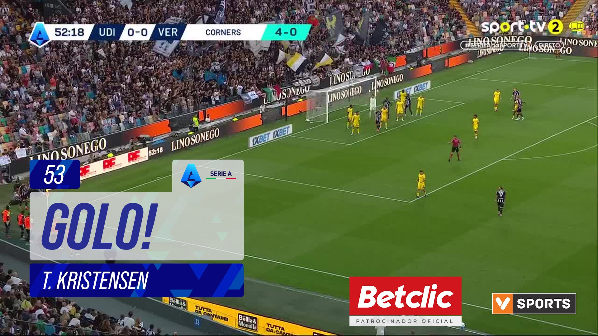 GOLO! Udinese, T. Kristensen aos 53', Udinese 1-0 Verona