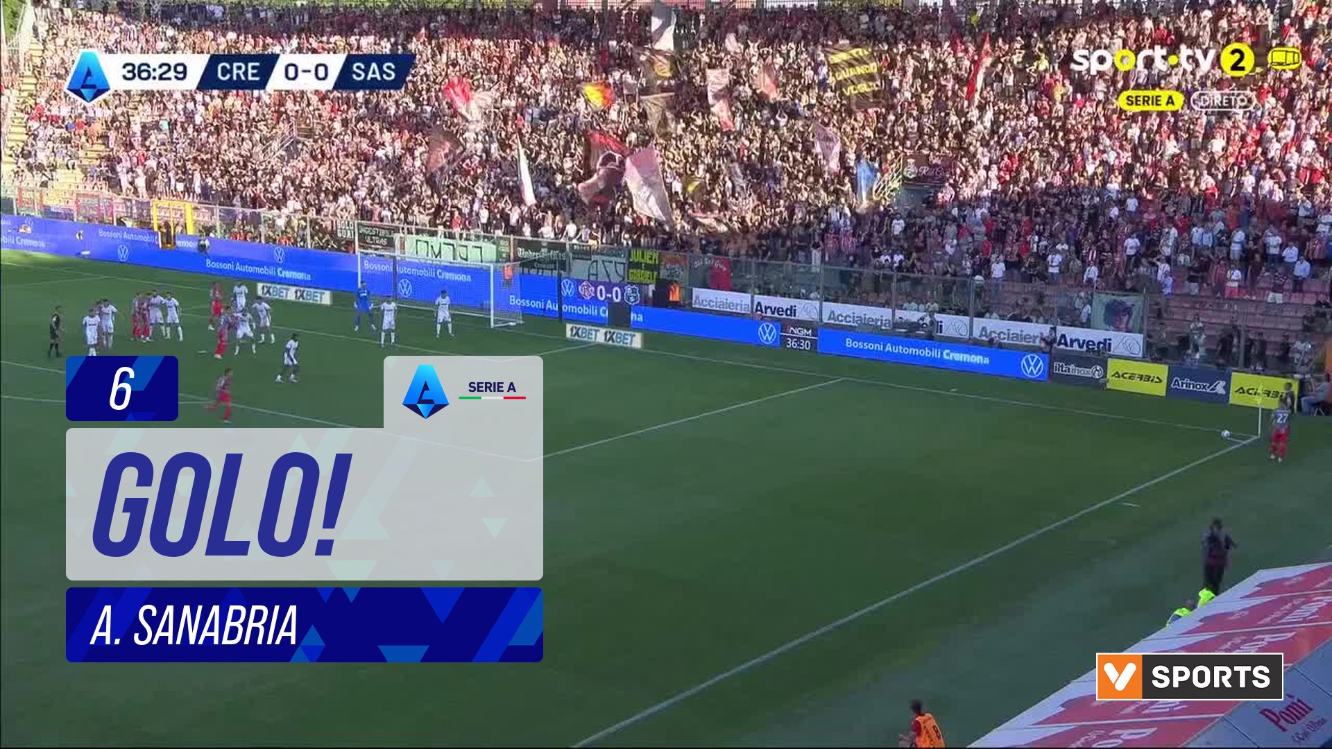 GOLO! Cremonese, A. Sanabria aos 6', Cremonese 1-0 Sassuolo