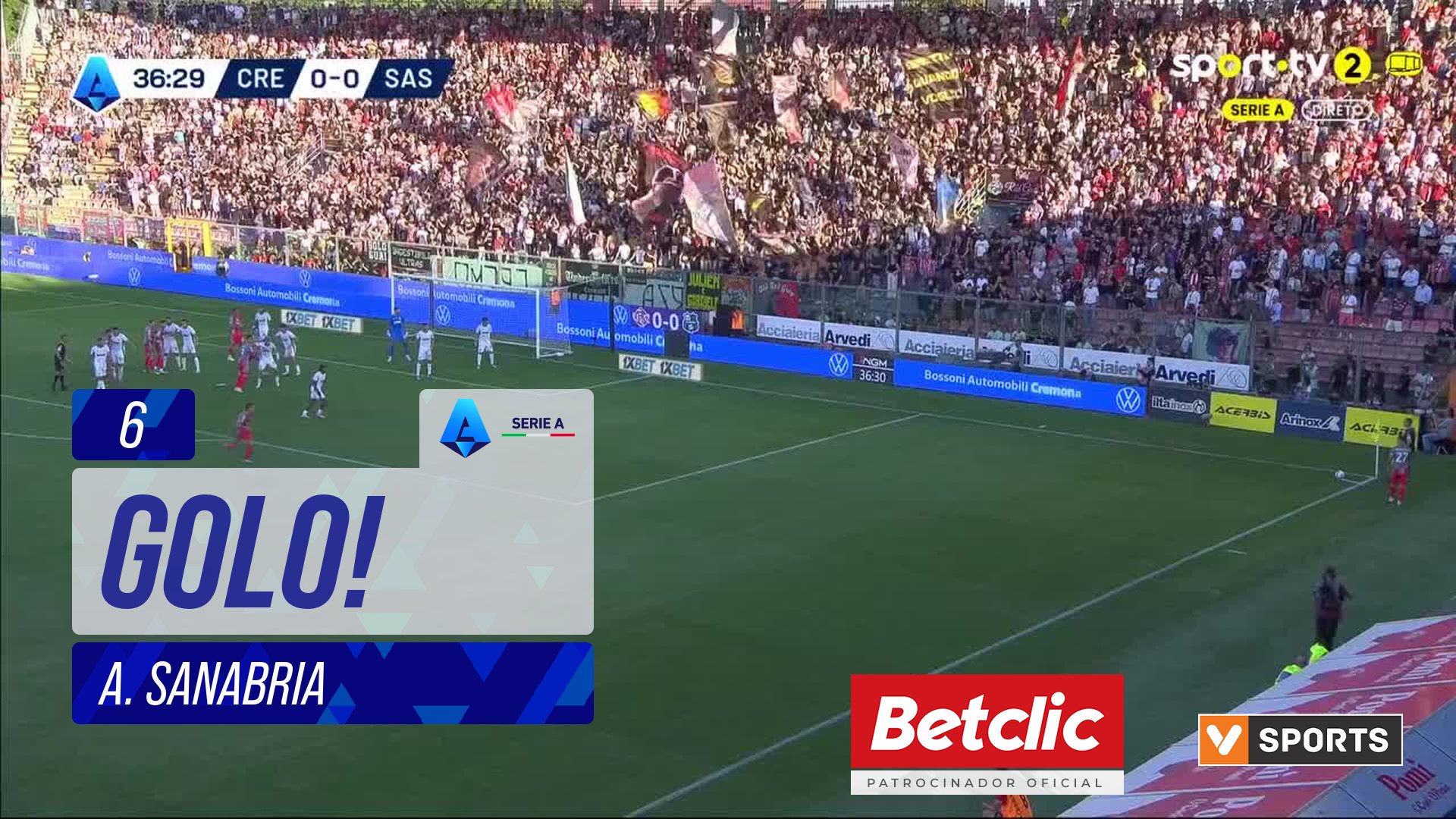 GOLO! Cremonese, A. Sanabria aos 6', Cremonese 1-0 Sassuolo