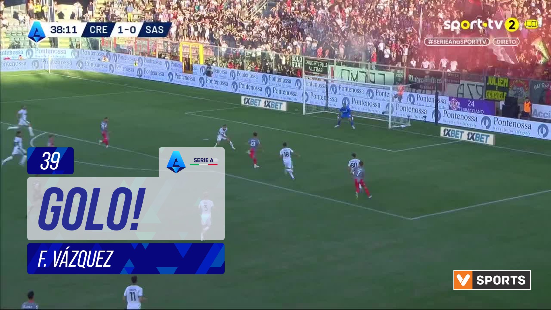 GOLO! Cremonese, F. Vázquez aos 39', Cremonese 2-0 Sassuolo