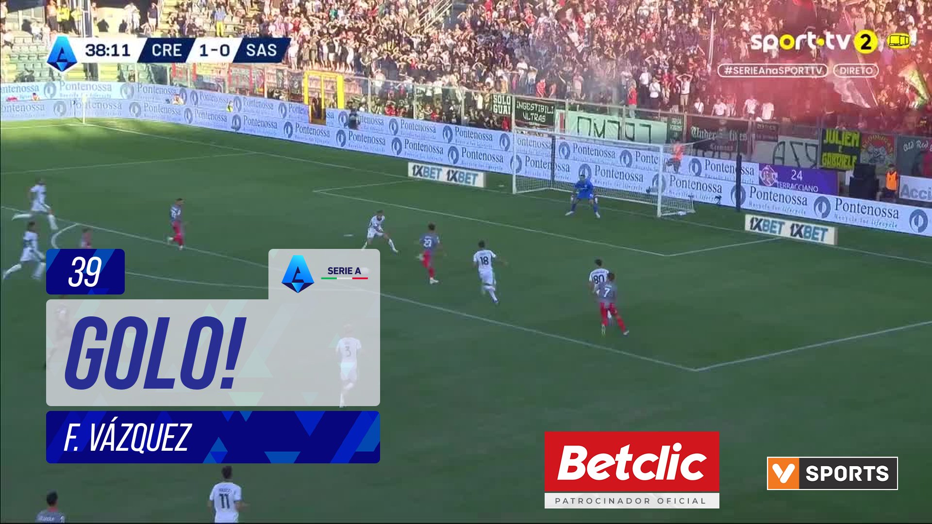 GOLO! Cremonese, F. Vázquez aos 39', Cremonese 2-0 Sassuolo