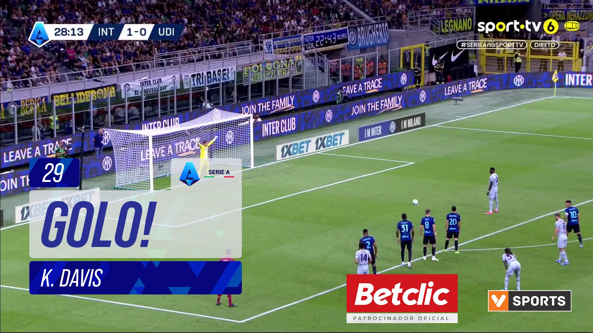 GOLO! Udinese, K. Davis aos 29', Internazionale 1-1 Udinese