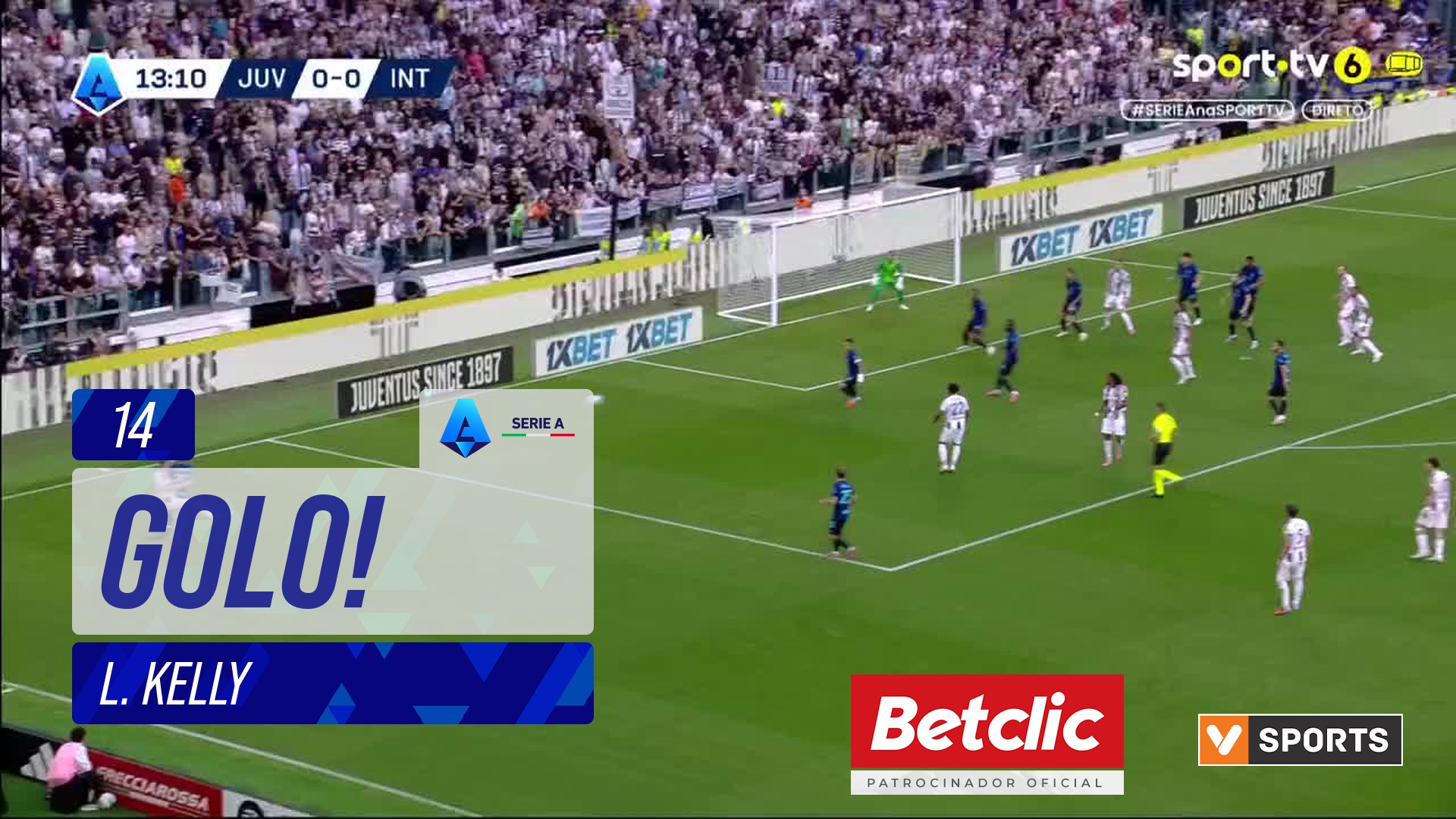 GOLO! Juventus, L. Kelly aos 14', Juventus 1-0 Internazionale