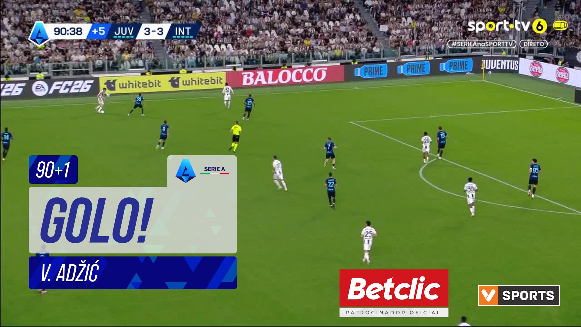 GOLO! Juventus, V. Adžić aos 90'+1', Juventus 4-3 Internazionale