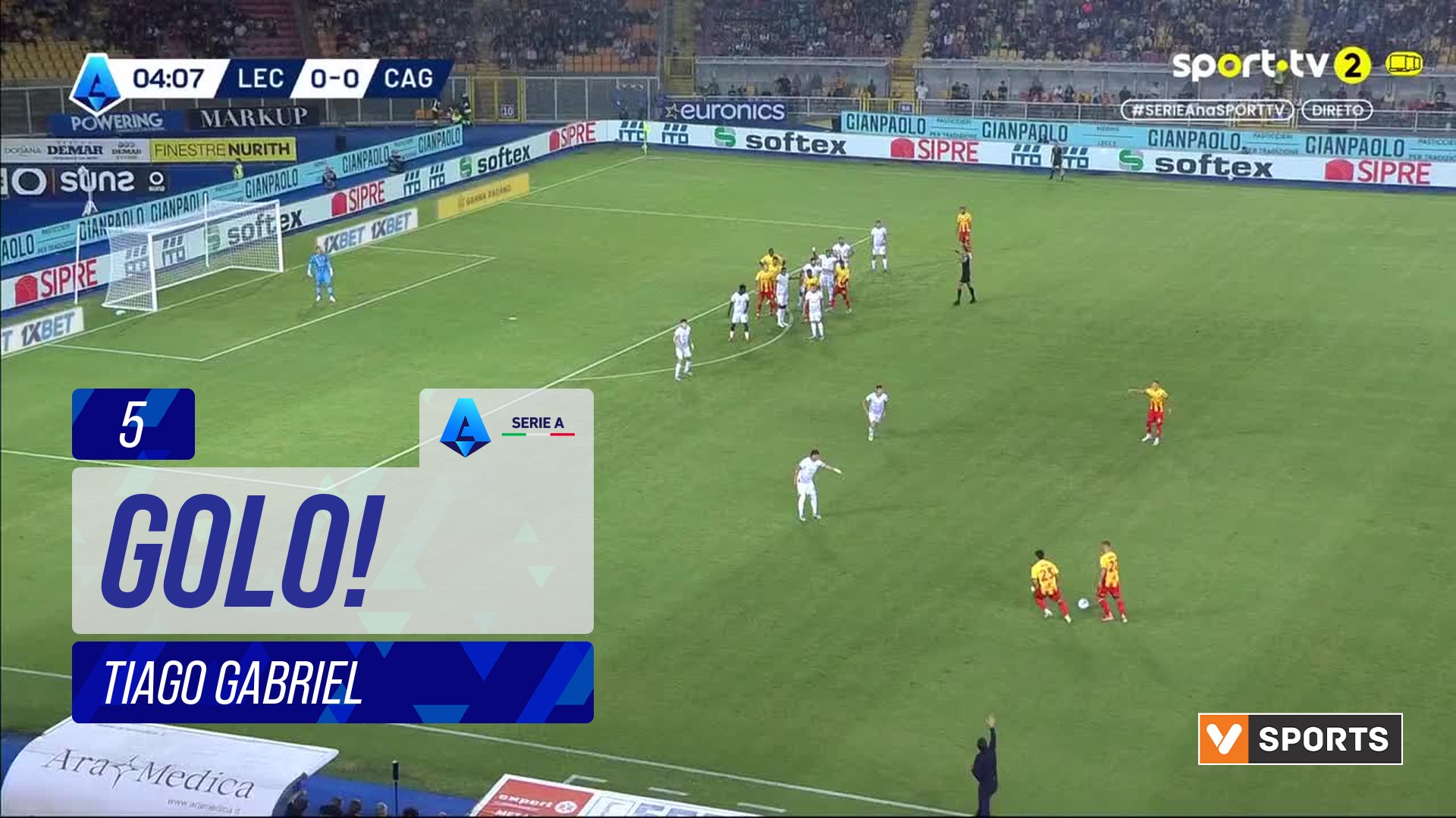 GOLO! Lecce, Tiago Gabriel aos 5', Lecce 1-0 Cagliari
