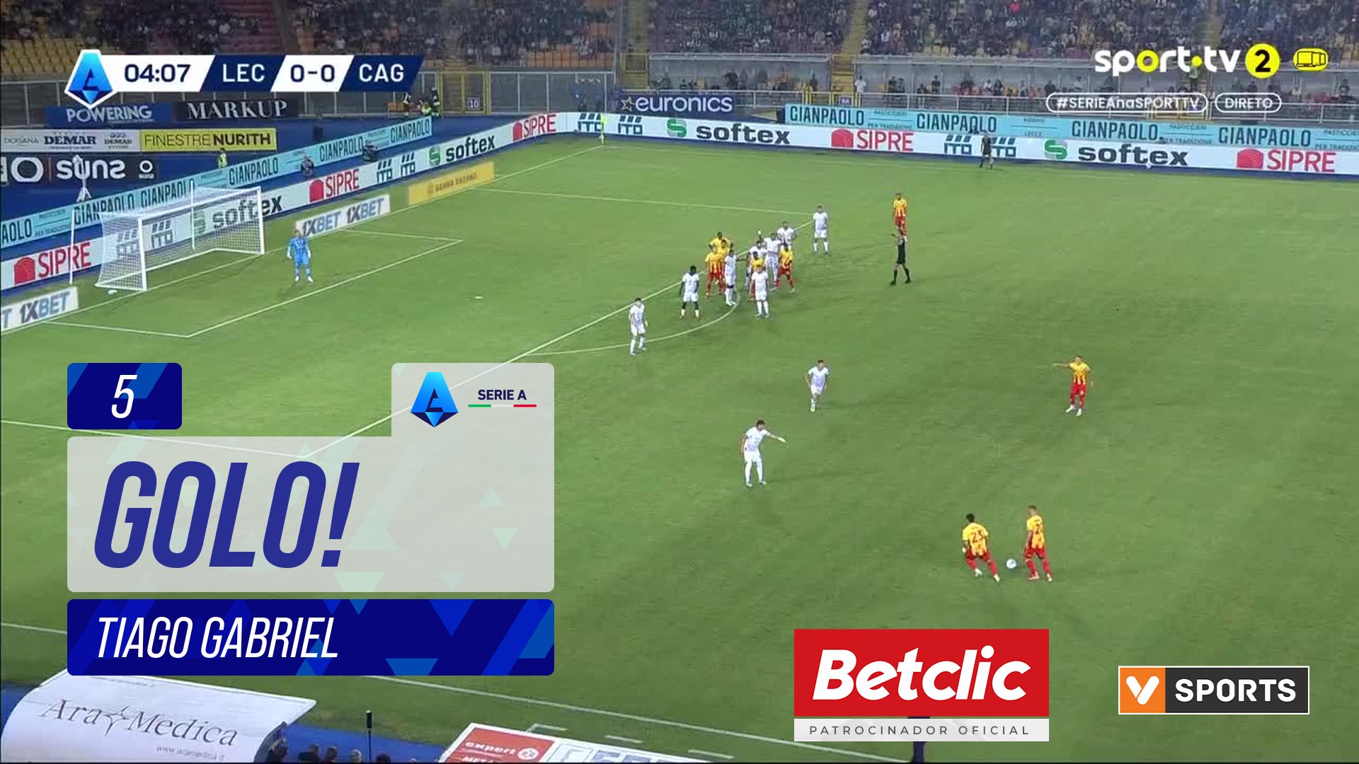 GOLO! Lecce, Tiago Gabriel aos 5', Lecce 1-0 Cagliari