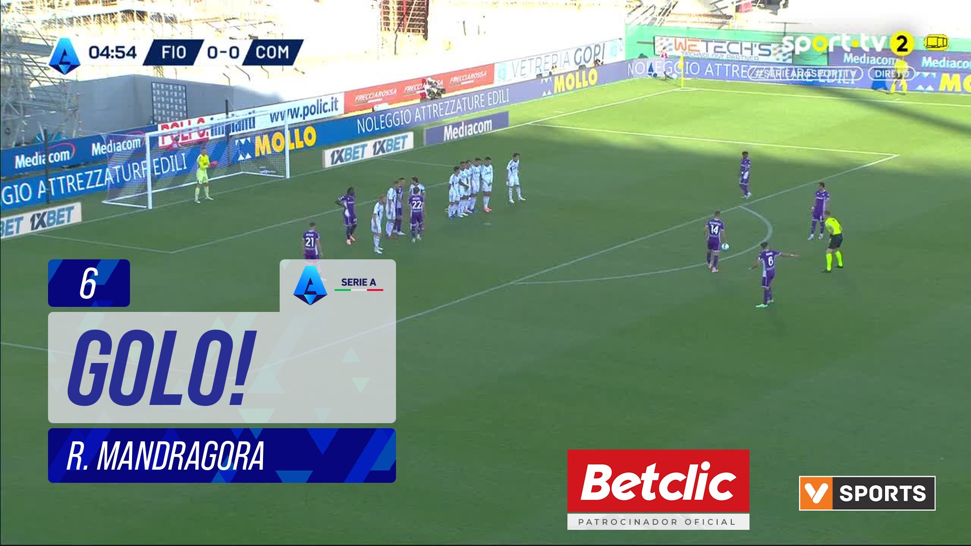GOLO! Fiorentina, R. Mandragora aos 6', Fiorentina 1-0 Como