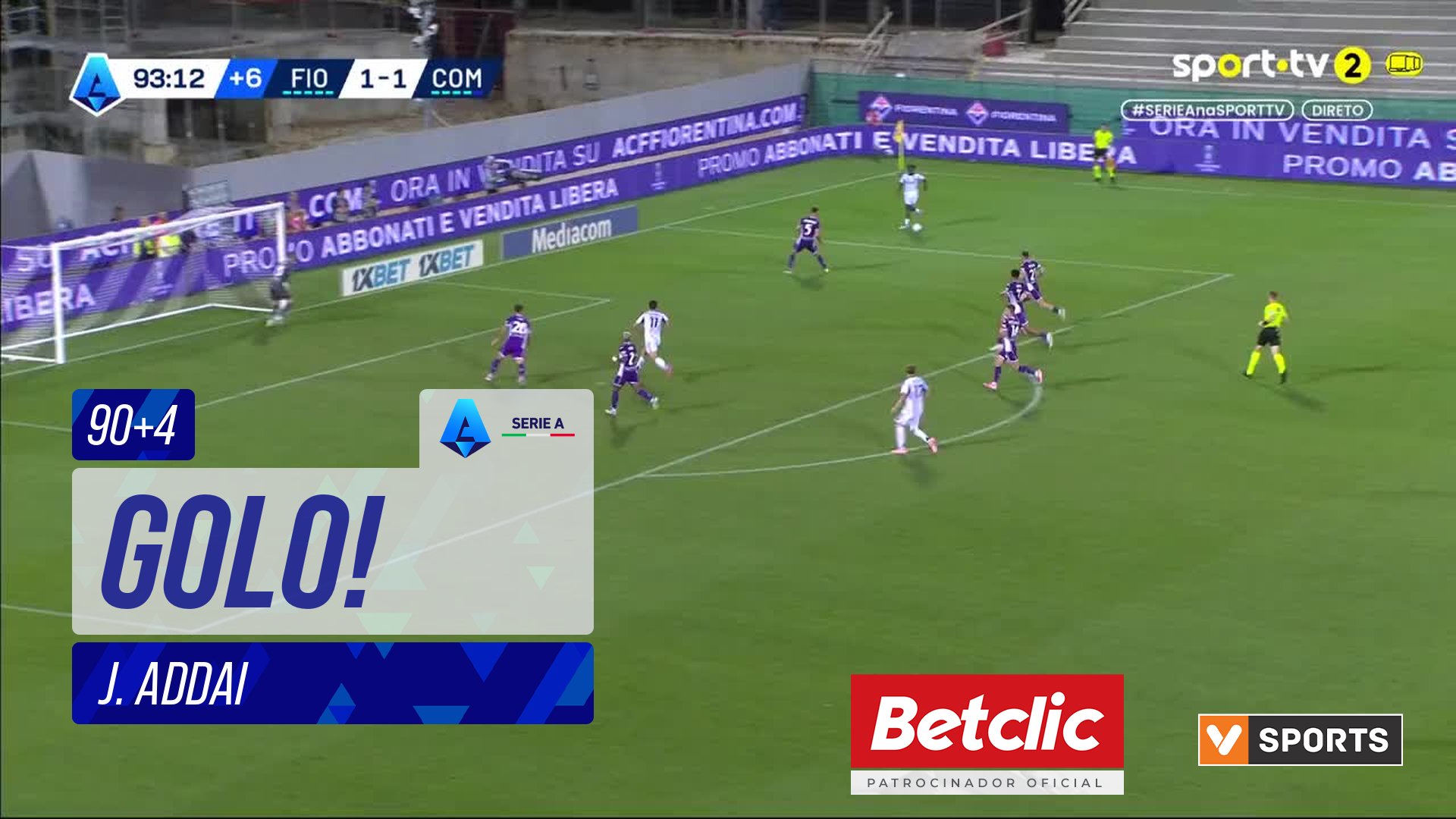GOLO! Como, J. Addai aos 90'+4', Fiorentina 1-2 Como
