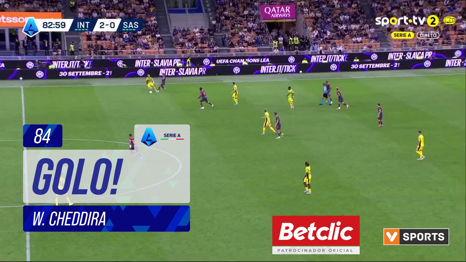 GOLO! Sassuolo, W. Cheddira aos 84', Internazionale 2-1 Sassuolo