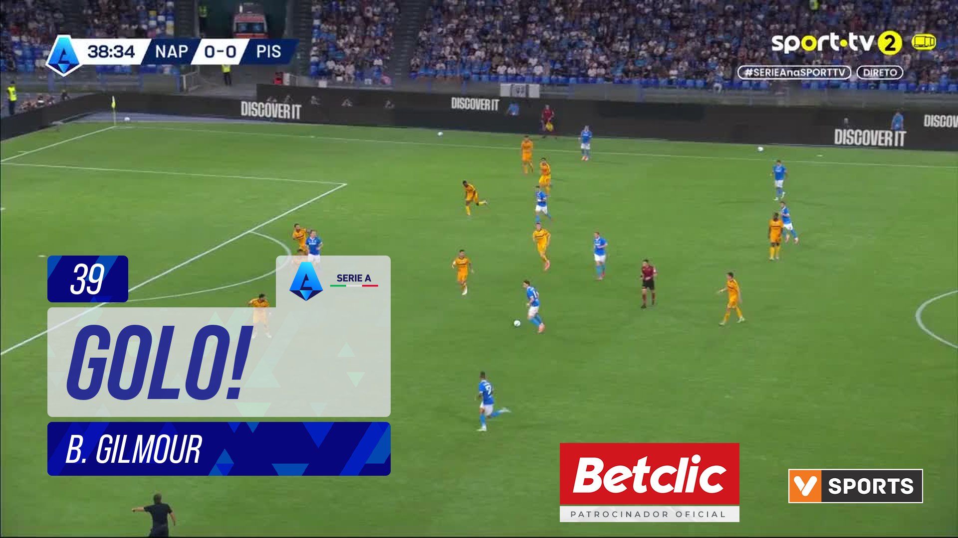 GOLO! Napoli, B. Gilmour aos 39', Napoli 1-0 Pisa