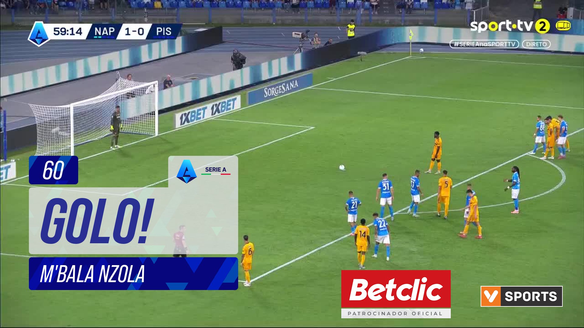 GOLO! Pisa, M'Bala Nzola aos 60', Napoli 1-1 Pisa