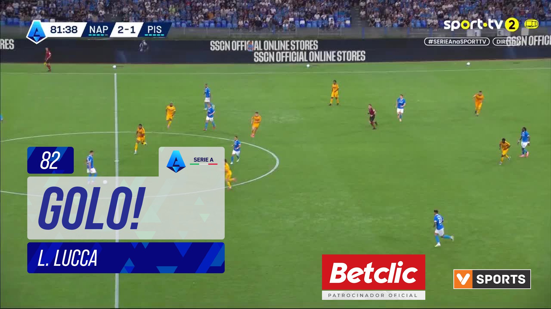 GOLO! Napoli, L. Lucca aos 82', Napoli 3-1 Pisa