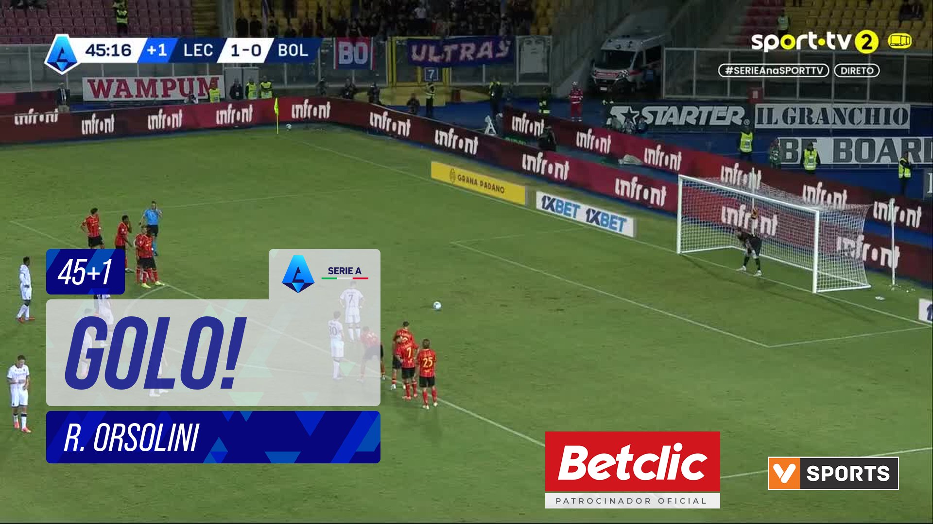 GOLO! Bologna, R. Orsolini aos 45'+1', Lecce 1-1 Bologna