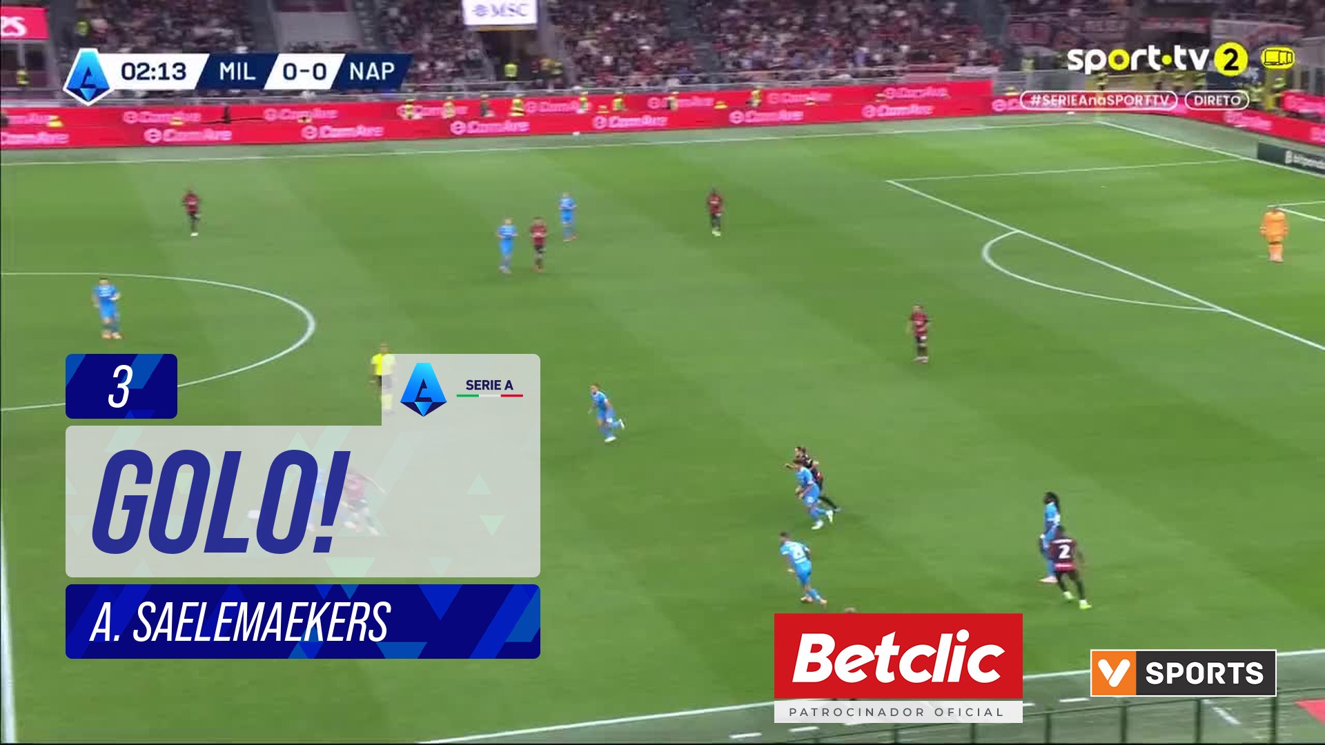 GOLO! Milan, A. Saelemaekers aos 3', Milan 1-0 Napoli