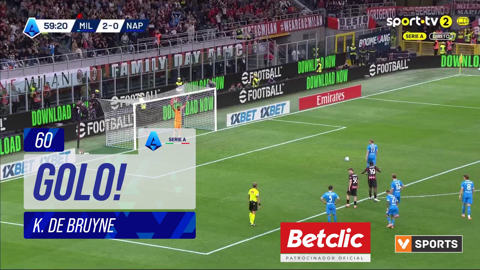 GOLO! Napoli, K. De Bruyne aos 60', Milan 2-1 Napoli