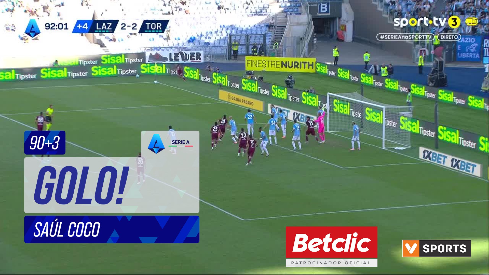 GOLO! Torino, Saúl Coco aos 90'+3', Lazio 2-3 Torino
