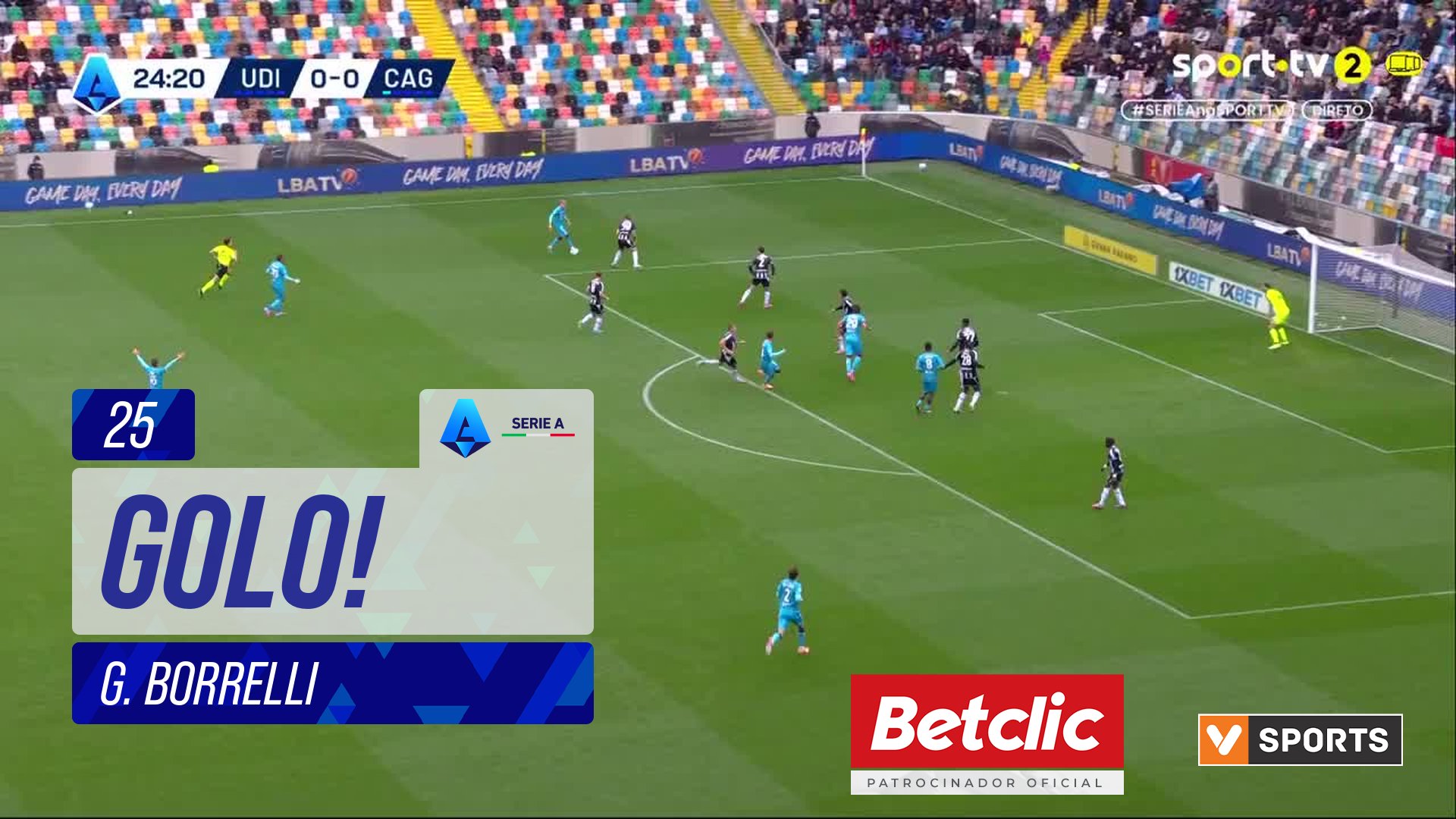 GOLO! Cagliari, G. Borrelli aos 25', Udinese 0-1 Cagliari