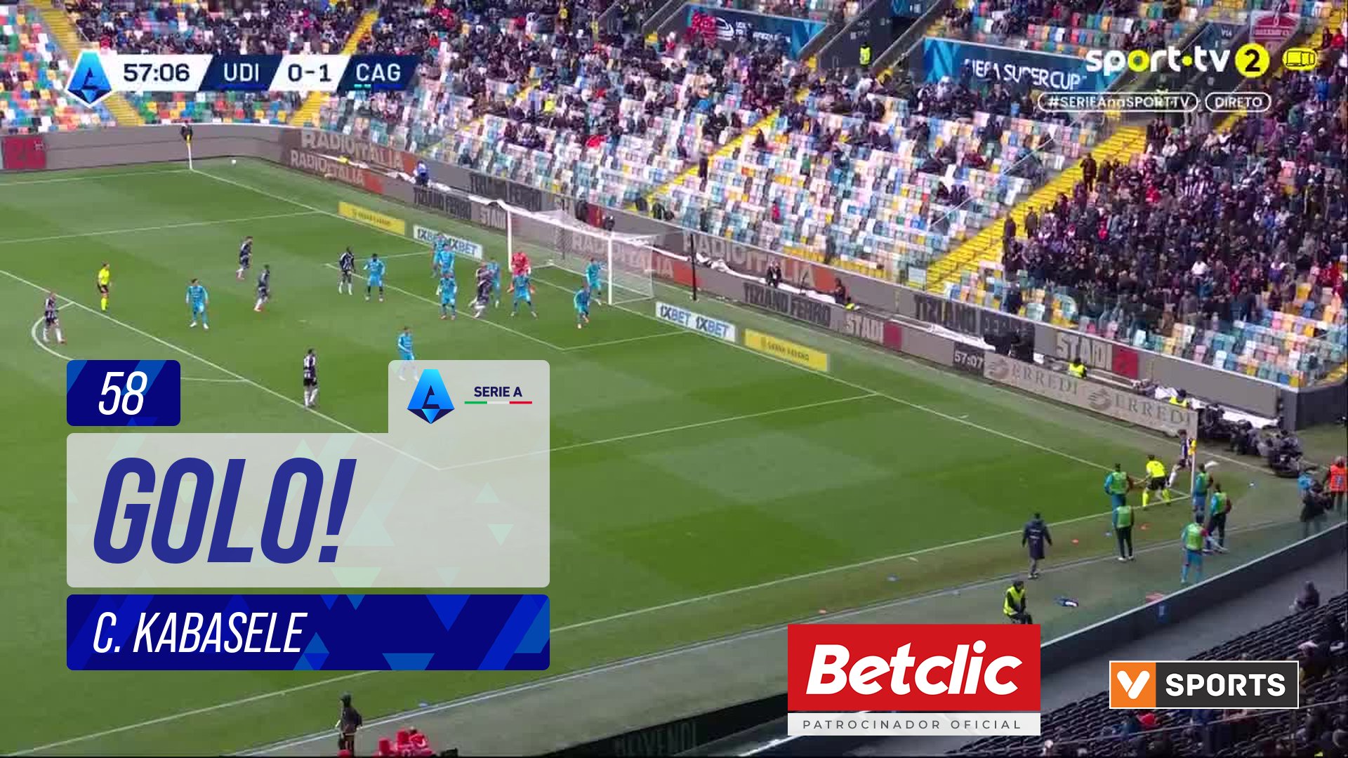 GOLO! Udinese, C. Kabasele aos 58', Udinese 1-1 Cagliari