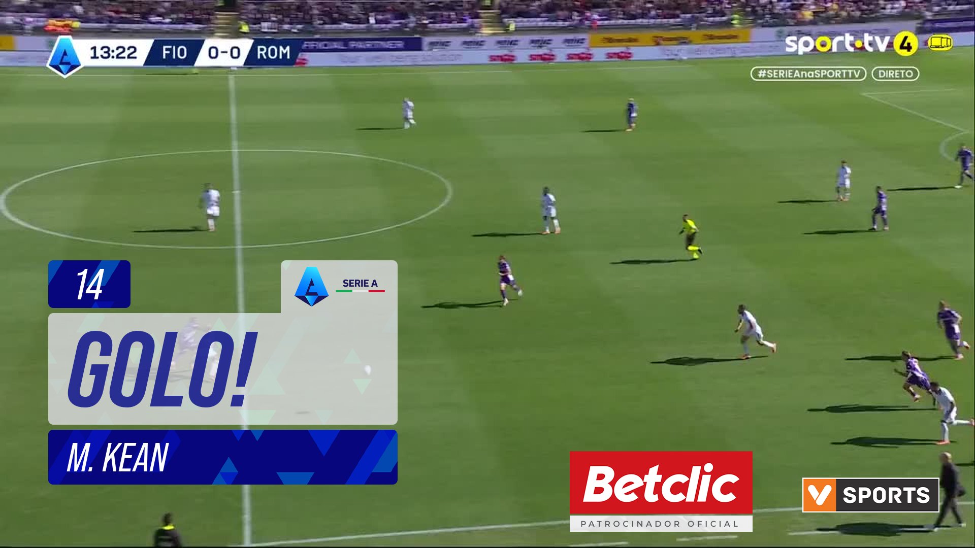GOLO! Fiorentina, M. Kean aos 14', Fiorentina 1-0 Roma