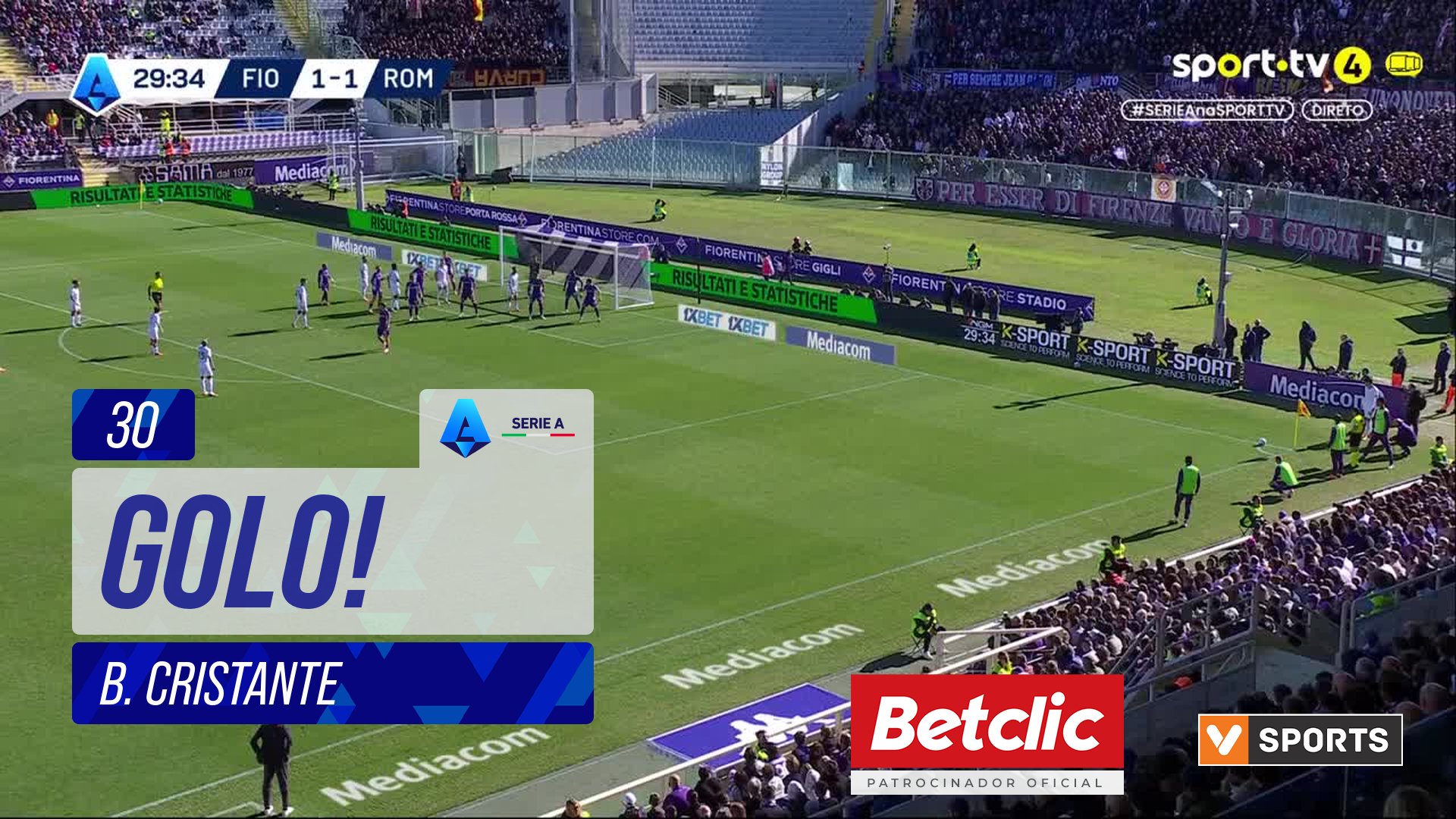 GOLO! Roma, B. Cristante aos 30', Fiorentina 1-2 Roma