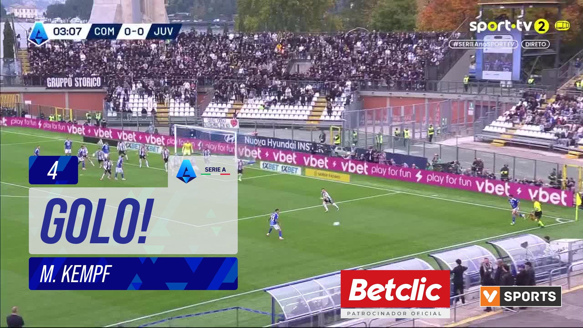 GOLO! Como, M. Kempf aos 4', Como 1-0 Juventus
