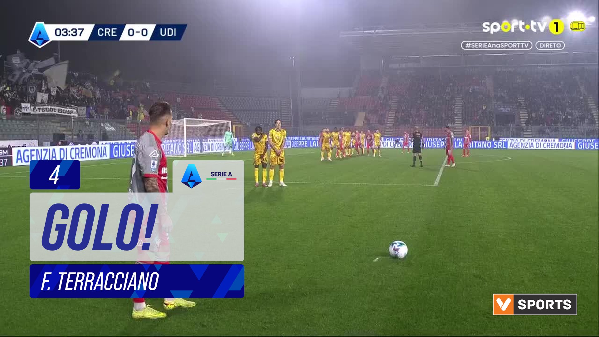 GOLO! Cremonese, F. Terracciano aos 4', Cremonese 1-0 Udinese