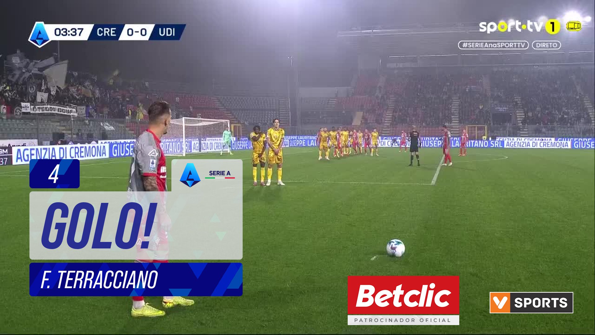 GOLO! Cremonese, F. Terracciano aos 4', Cremonese 1-0 Udinese