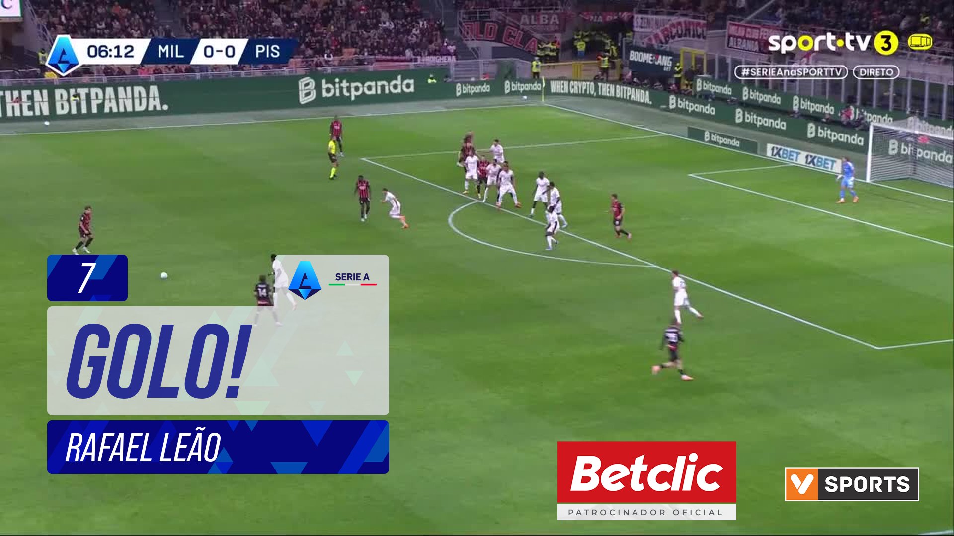 GOLO! Milan, Rafael Leão aos 7', Milan 1-0 Pisa