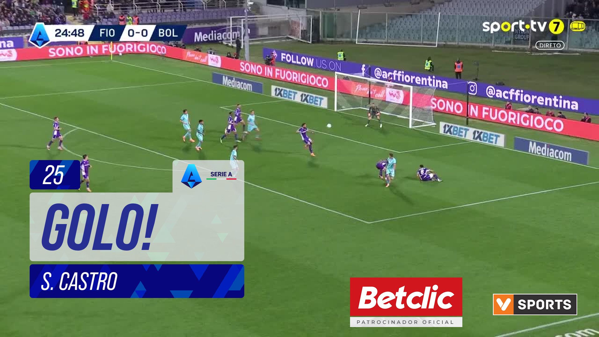 GOLO! Bologna, S. Castro aos 25', Fiorentina 0-1 Bologna