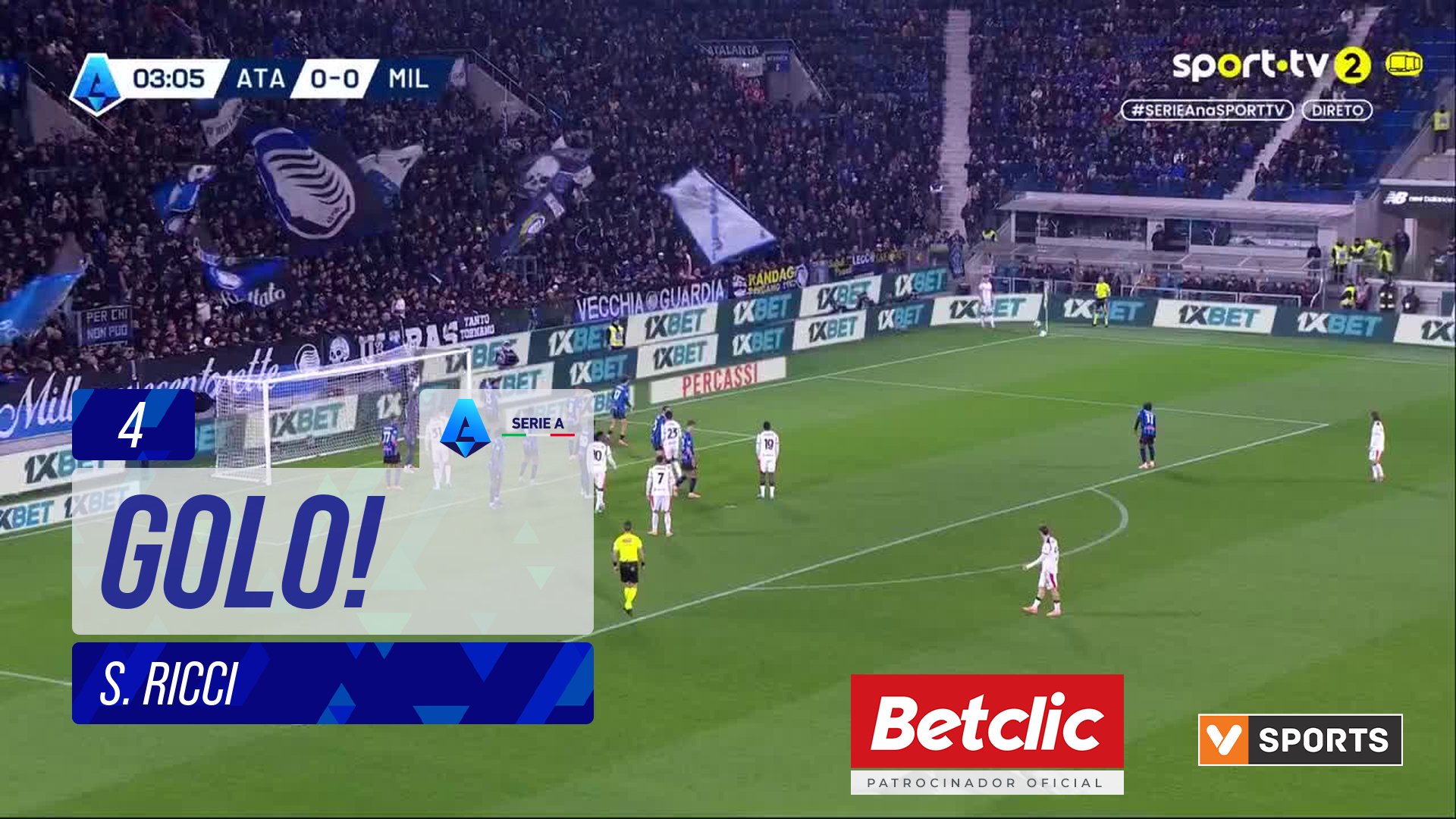 GOLO! Milan, S. Ricci aos 4', Atalanta 0-1 Milan