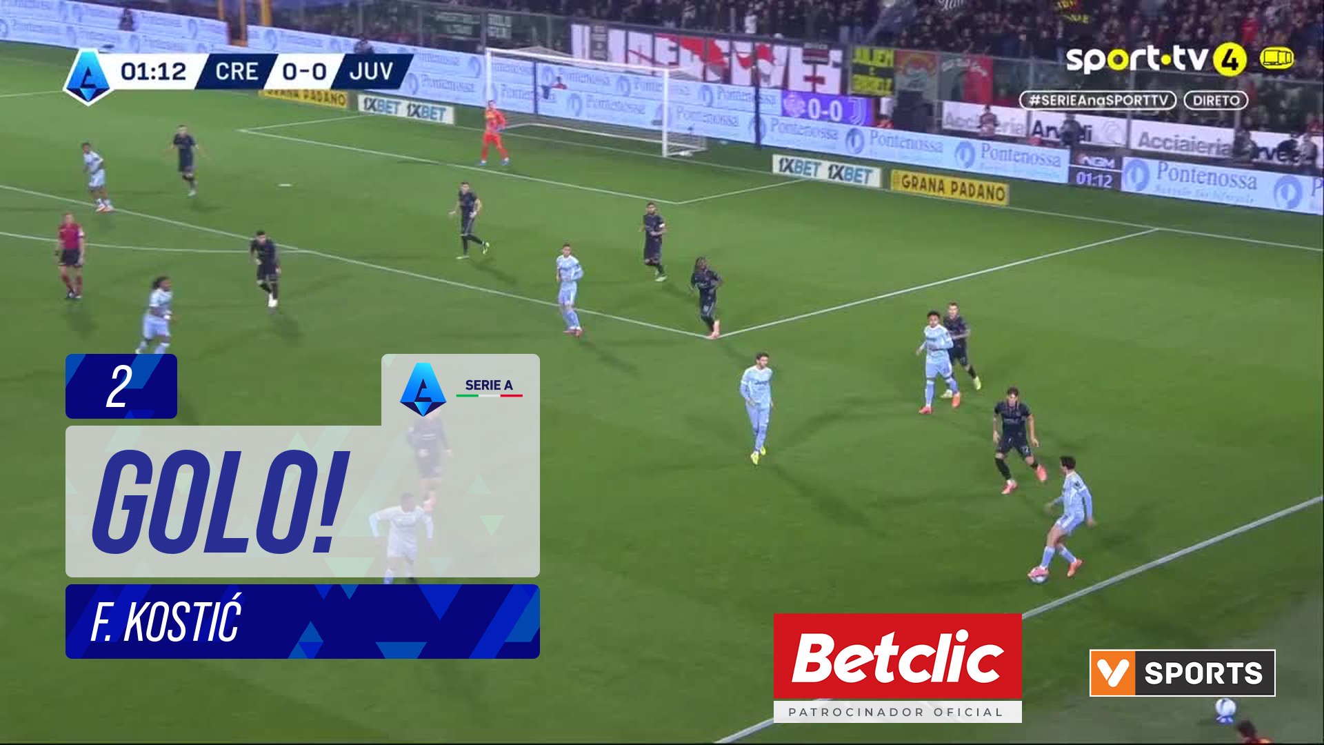 GOLO! Juventus, F. Kostić aos 2', Cremonese 0-1 Juventus