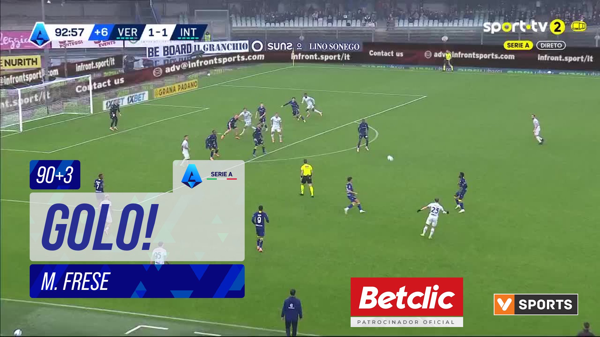 GOLO! Internazionale, M. Frese (p.b.) aos 90'+3', Verona 1-2 Internazionale