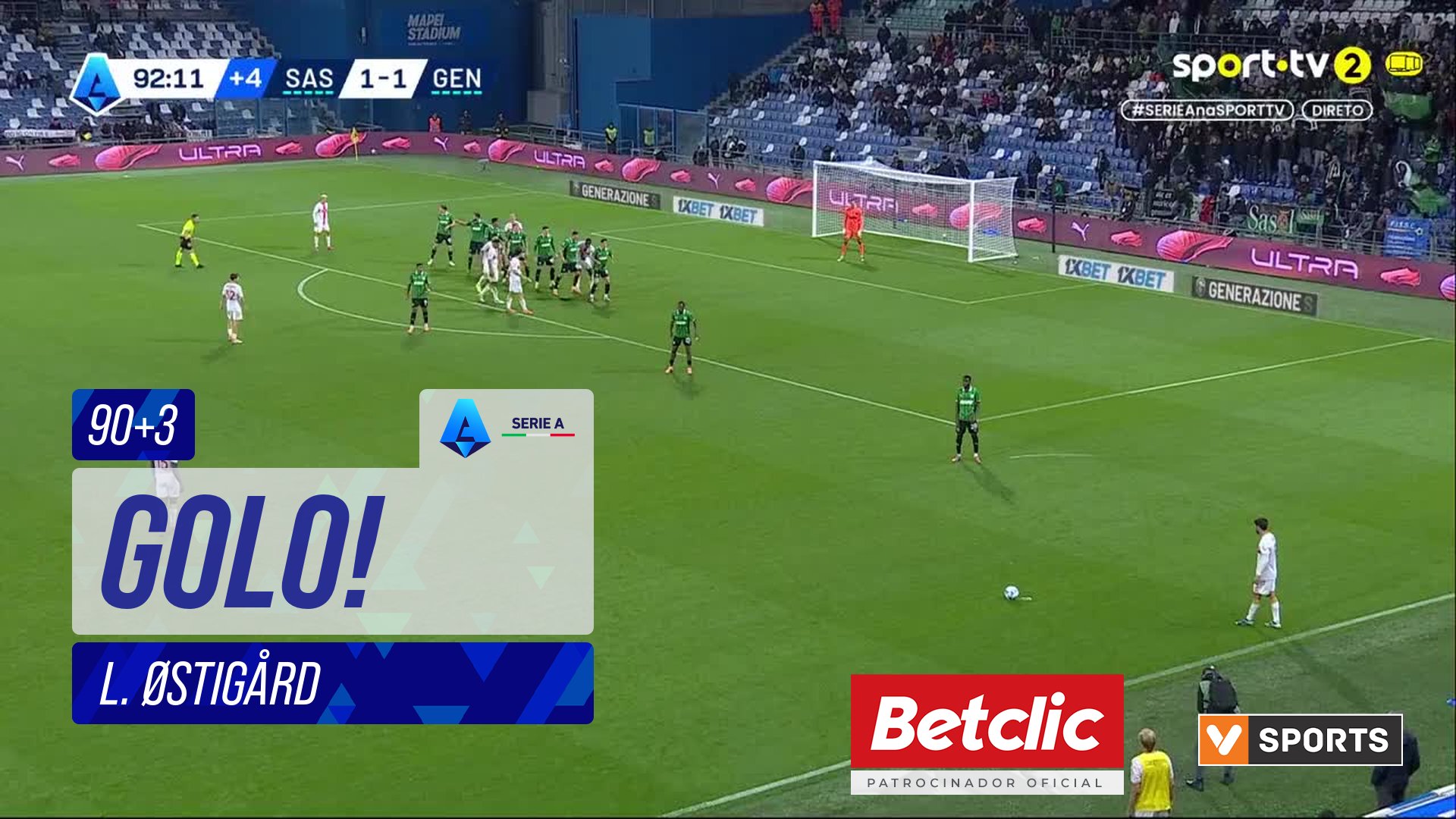 GOLO! Genoa, L. Østigård aos 90'+3', Sassuolo 1-2 Genoa