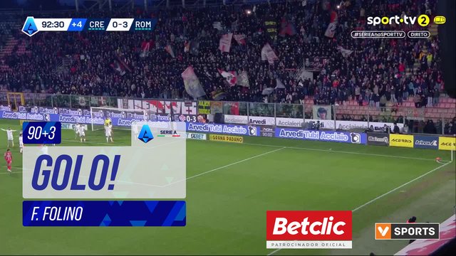 GOLO! Cremonese, F. Folino aos 90'+3', Cremonese 1-3 Roma