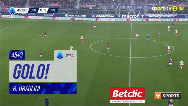 GOLO! Bologna, R. Orsolini aos 45'+3', Bologna 1-2 Cremonese