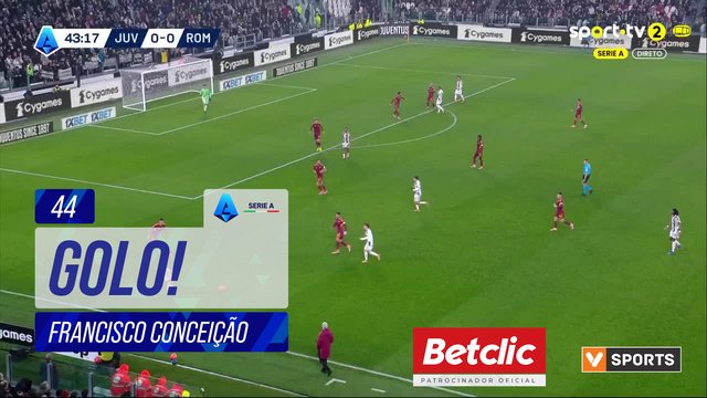 GOLO! Juventus, Francisco Conceição aos 44', Juventus 1-0 Roma