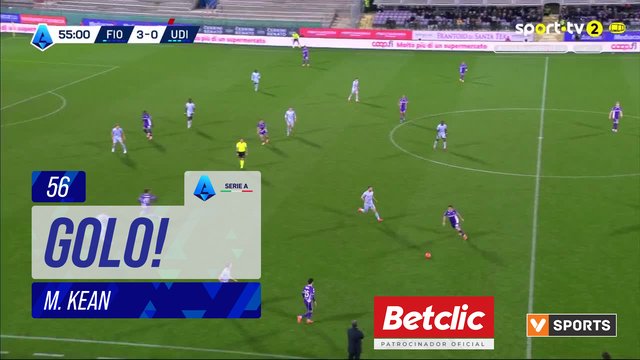 GOLO! Fiorentina, M. Kean aos 56', Fiorentina 4-0 Udinese