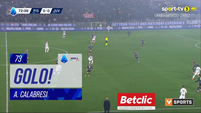 GOLO! Juventus, A. Calabresi (p.b.) aos 73', Pisa 0-1 Juventus
