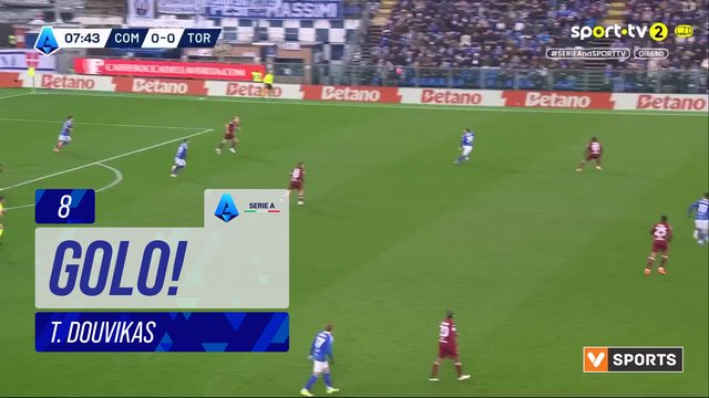 GOLO! Como, T. Douvikas aos 8', Como 1-0 Torino