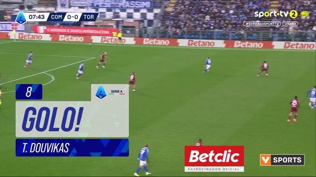 GOLO! Como, T. Douvikas aos 8', Como 1-0 Torino