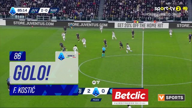 GOLO! Juventus, F. Kostić aos 86', Juventus 3-0 Napoli