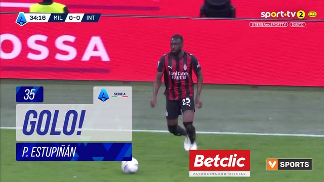 GOLO! Milan, P. Estupiñán aos 35', Milan 1-0 Internazionale