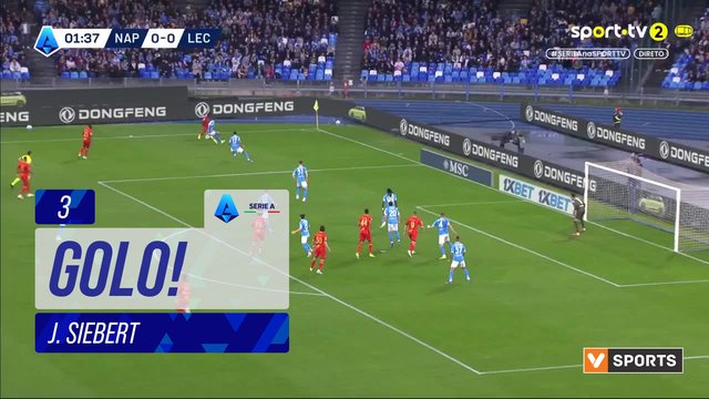 GOLO! Lecce, J. Siebert aos 3', Napoli 0-1 Lecce
