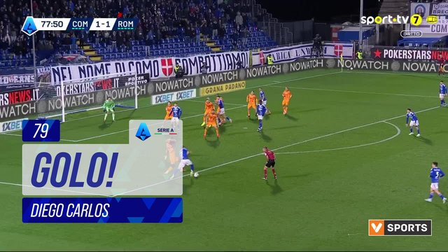 GOLO! Como, Diego Carlos aos 79', Como 2-1 Roma
