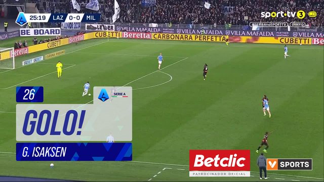 GOLO! Lazio, G. Isaksen aos 26', Lazio 1-0 Milan